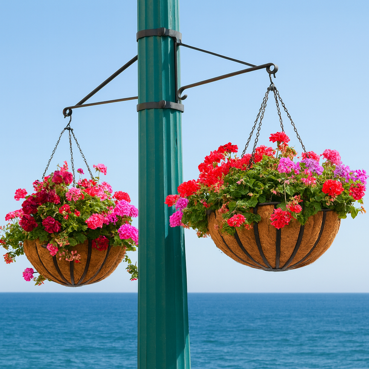 Two Way Hanging Basket Bracket on green post holding 2 hanging baskets filled with flowers with ocean in background Two Way Hanging Basket Bracket on green post holding 2 hanging baskets filled with flowers with ocean in background