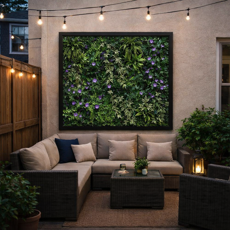 Framed UV Outdoor Rated Replica Living Walls with black fiberglass frame on a patio with an outdoor sofa