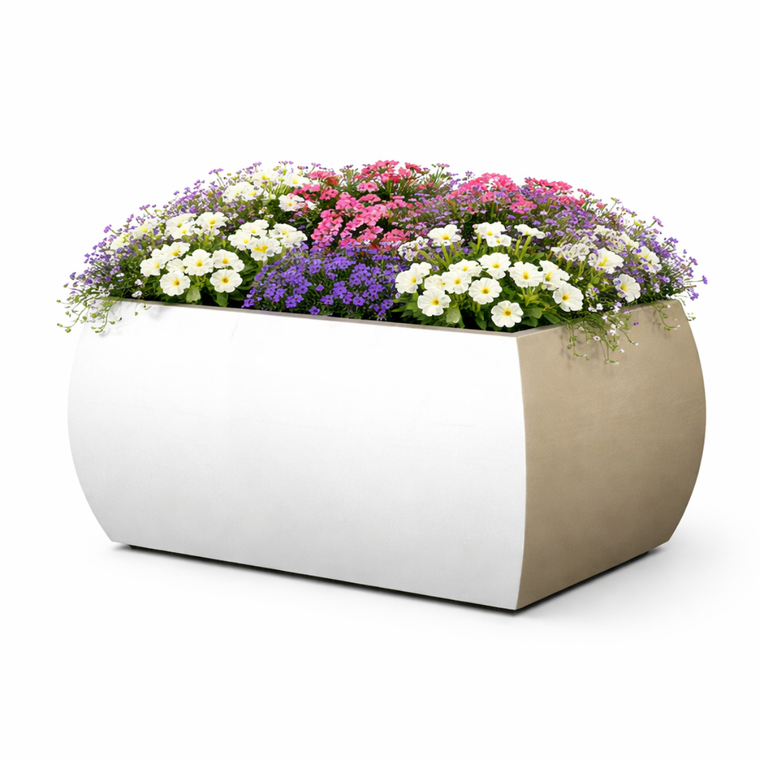 Kahn Rectangular Fiberstone Planter in natural finish on white background planted with flowers