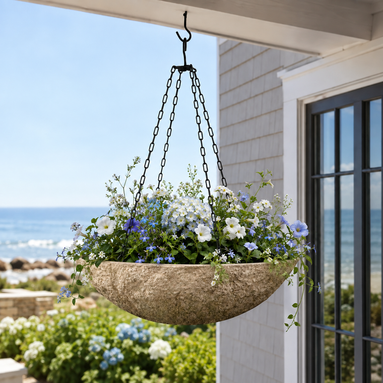 Primitive Fiberstone Hanging Basket with ocean in background