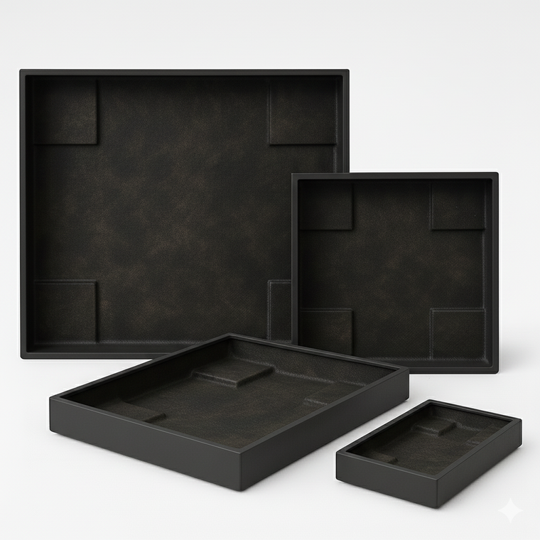 An array of sizes of drip pan saucers for Urban Planters in dark gray semi-gloss