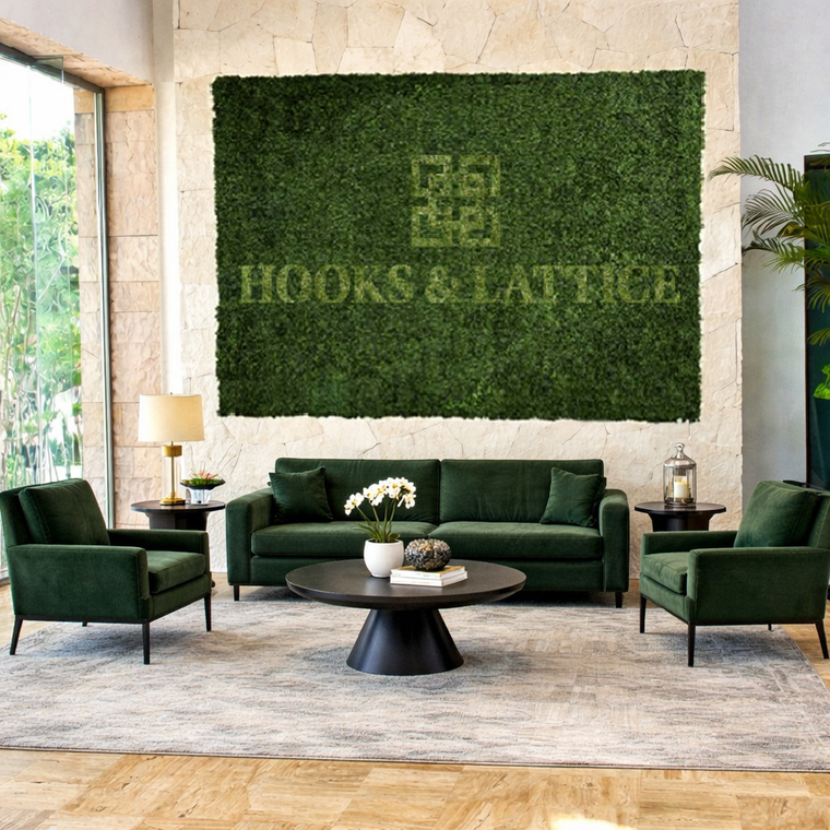 Boxwood Greenwall with Hooks and Lattice in lighter color boxwood.