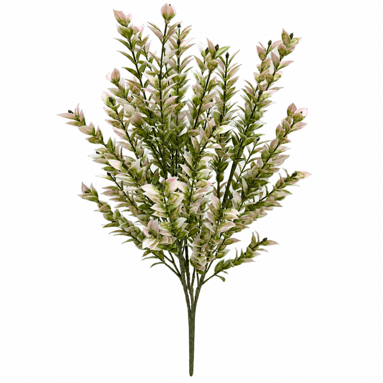 22" UV Rated Artificial Outdoor Ruscus Bush in pink and green on a white background.