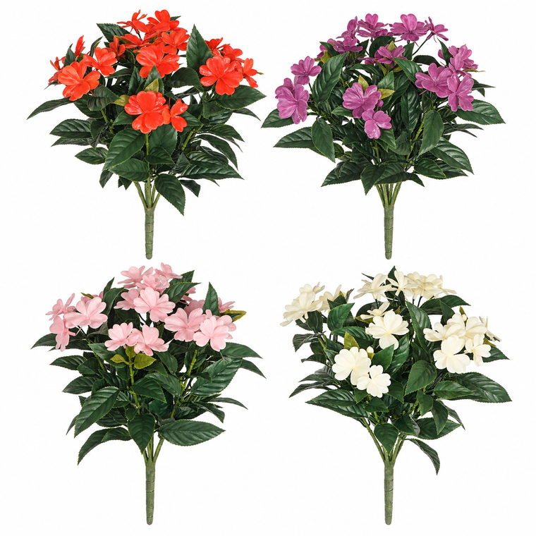 UV Outdoor Rated Artificial 15" Impatiens Bush – 4 Colors Coral, Purple, Pink, White