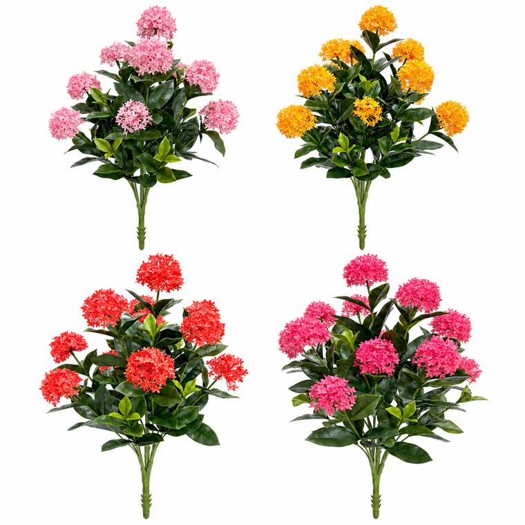 40" UV Rated Artificial Flowering Ixora Bush- 4 Colors Red, Pink, Raspberry, Orange