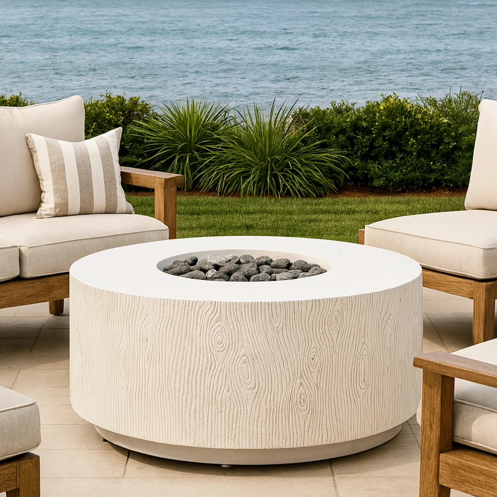Organic modern fire table in earth tones  sitting in a desert setting. 