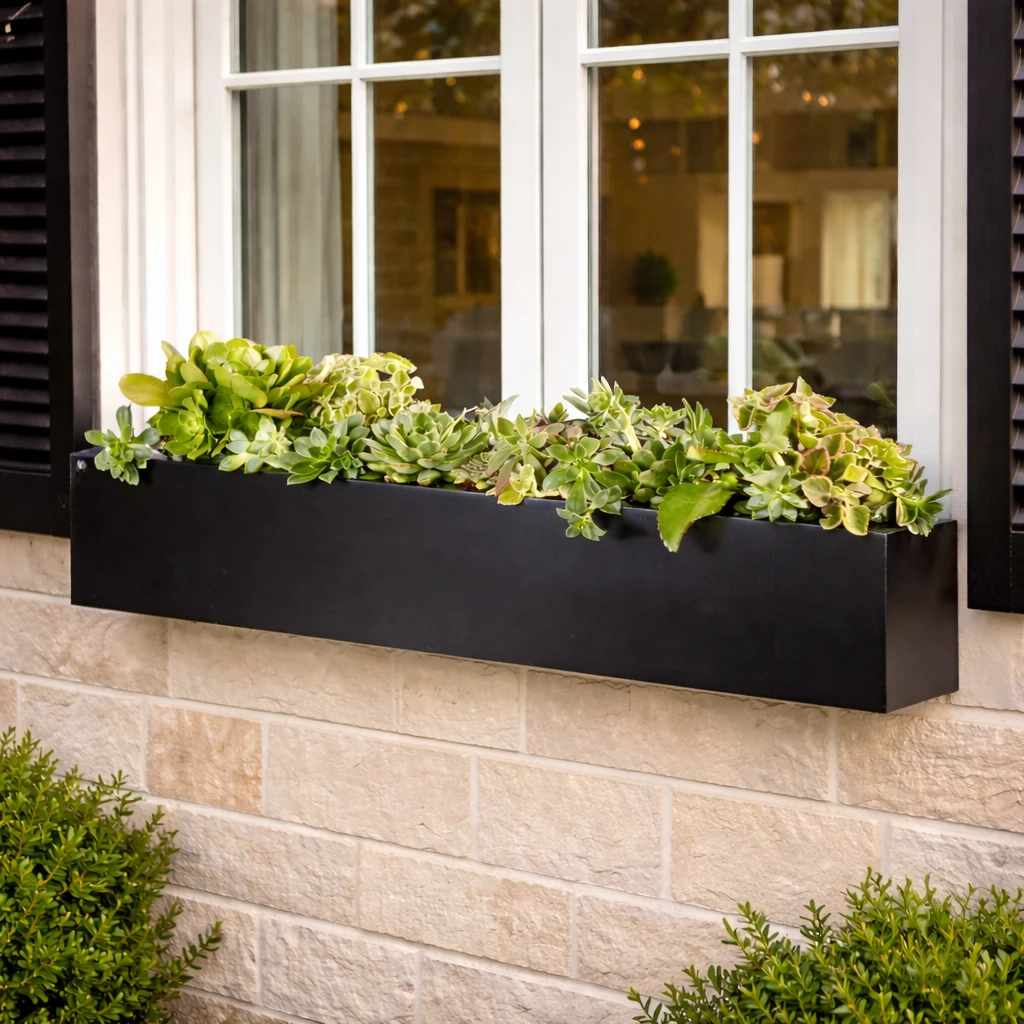 A black window box under a window with black shutters