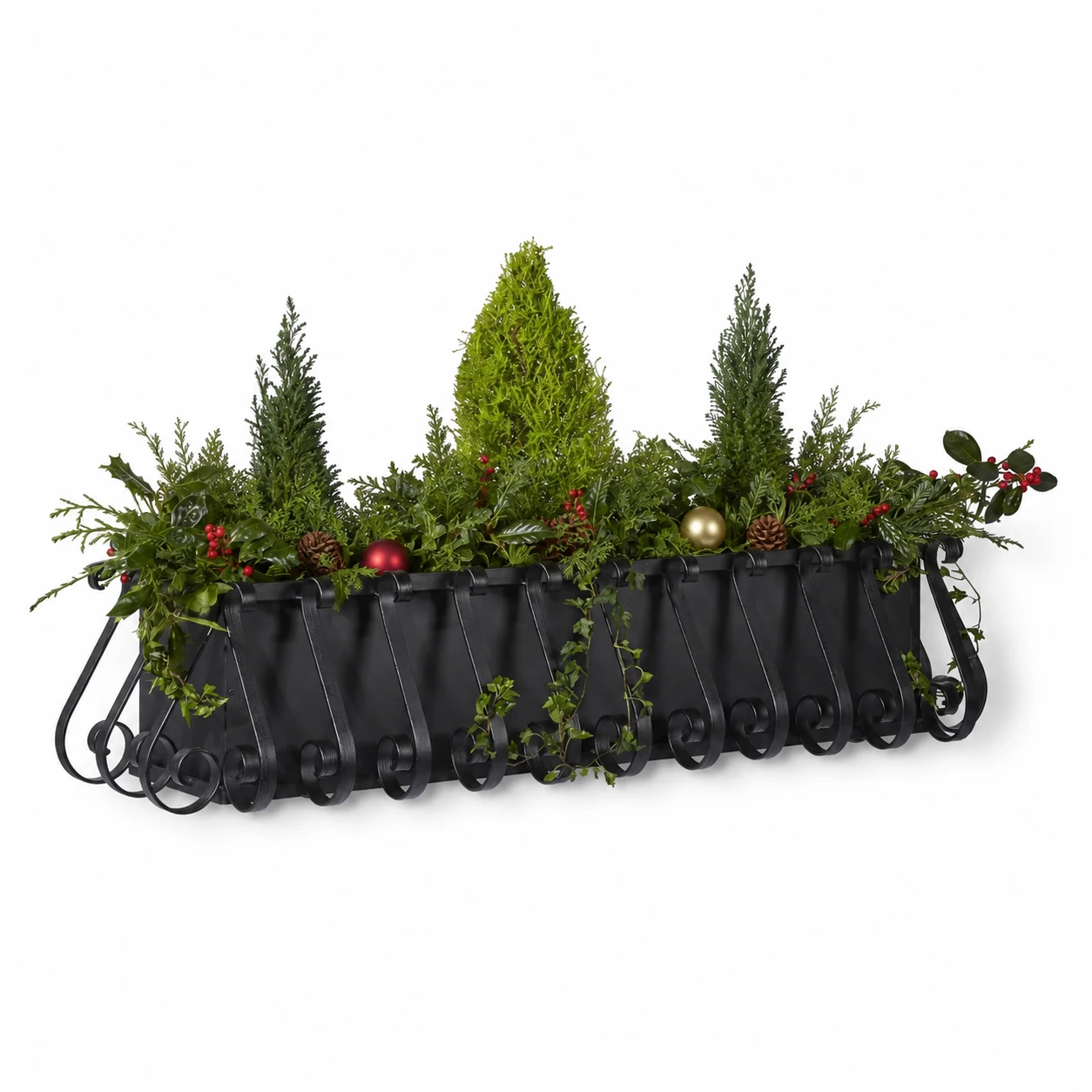 European Window Box with black liner with festive greens pinecones and ornaments.