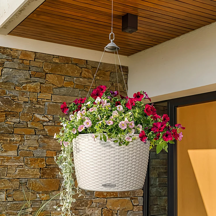 A hanging basket with a variety of flowers hangs from a porch.