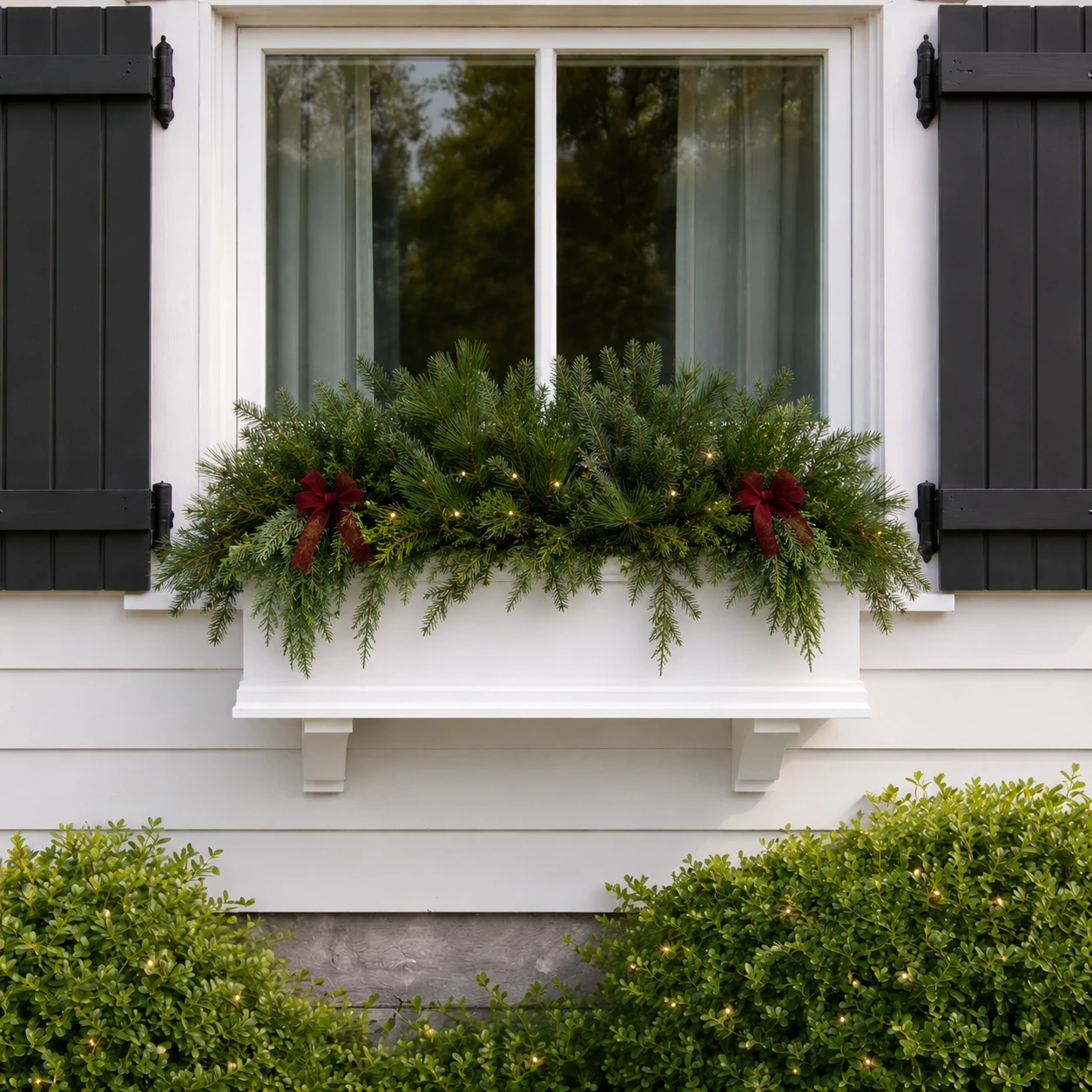 Laguna Window Box with greenery fairy lights and bows