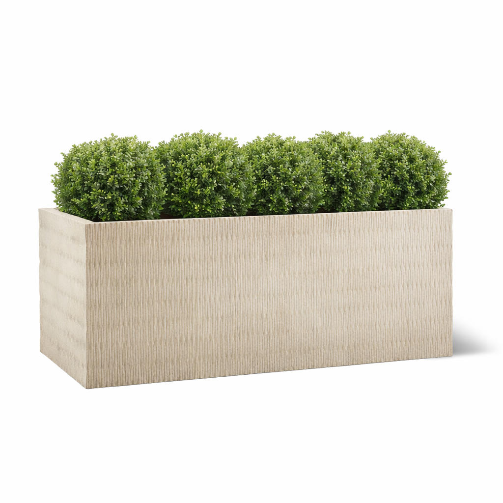 Fiberstone selection of planters- mixing aggregate and fiberglass for a  stone looking planter but a fraction of the weight.  Custom work available.