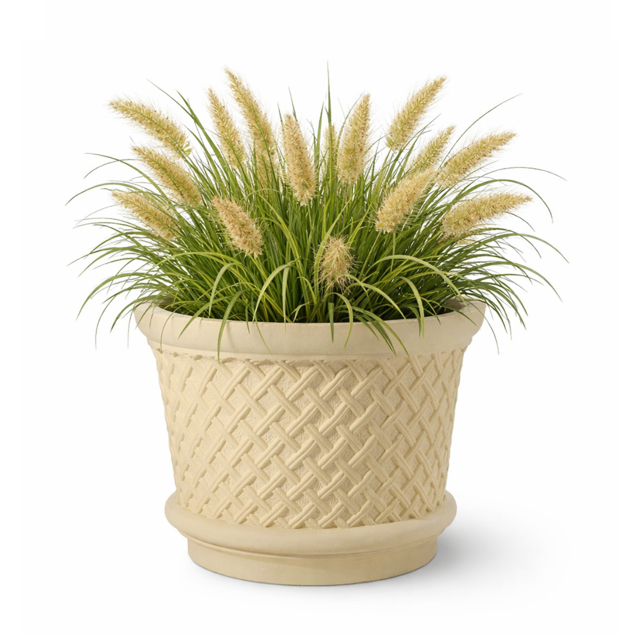 Planters made with a combination of cement and fiberglass for a look of heavy stone, but much lighter weight.