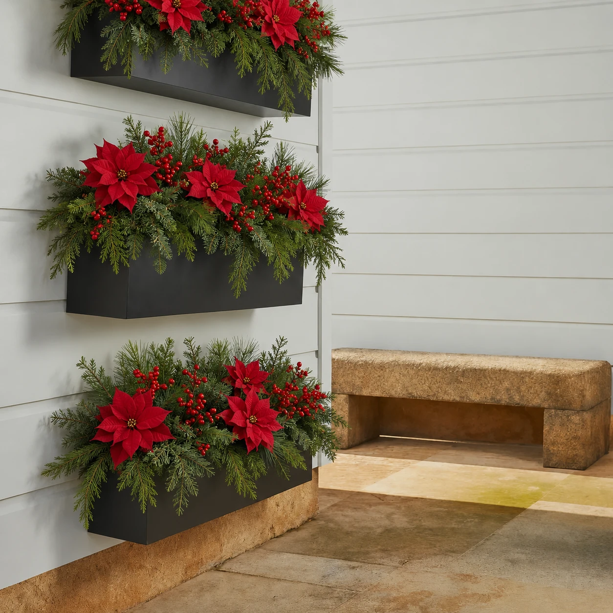 Modern Window Boxes with festive greenery hung on a wall.