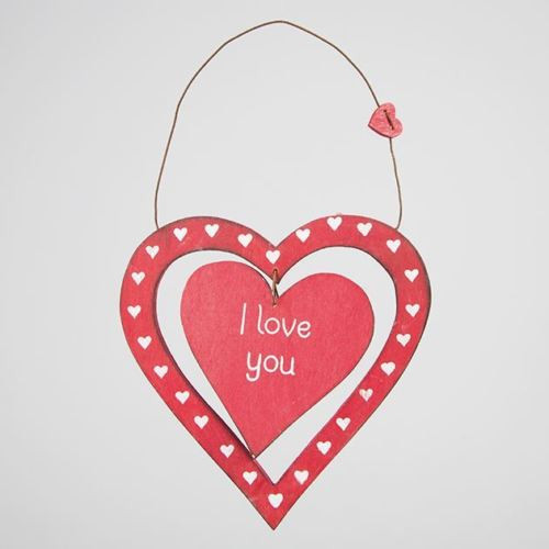 A lovely red wooden plaque made up of a thin heart, patterned with tiny hearts, inside which is a solid heart displaying the words 'I love you'. On the wooden hanging wire sits another small heart. 
 A delightful little gift for your loved one at any time of the year. •Dimension - 20 x 13 x 1 cm
•Material - Paulownia Wood
•Colour - Red, White/Cream