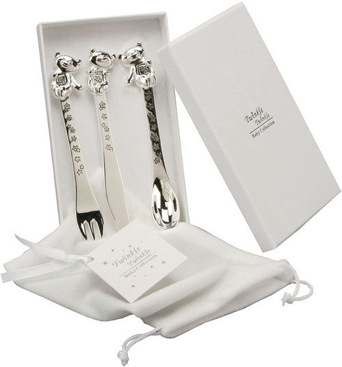 Baby Christening Twinkle Twinkle Silverplated 3 Piece Cutlery Set - Knife Fork & Spoon