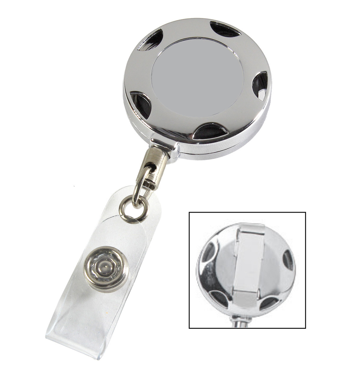 Plain Chrome Metal Sport Retractable Badge Reel with PVC Strap & Belt Clip