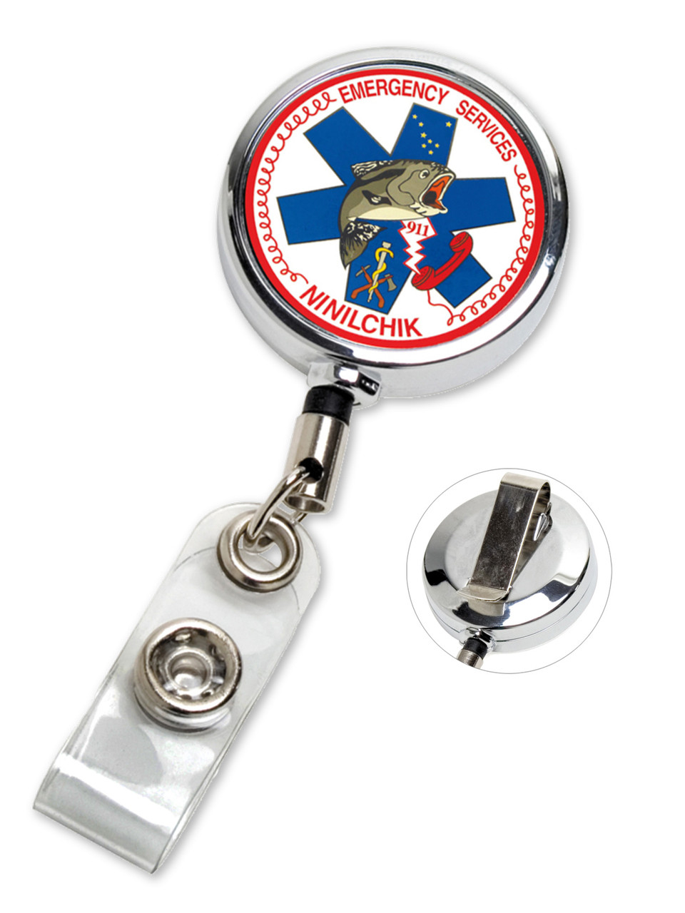 Custom Chrome Metal Badge Reel with PVC Strap - Kenny Products