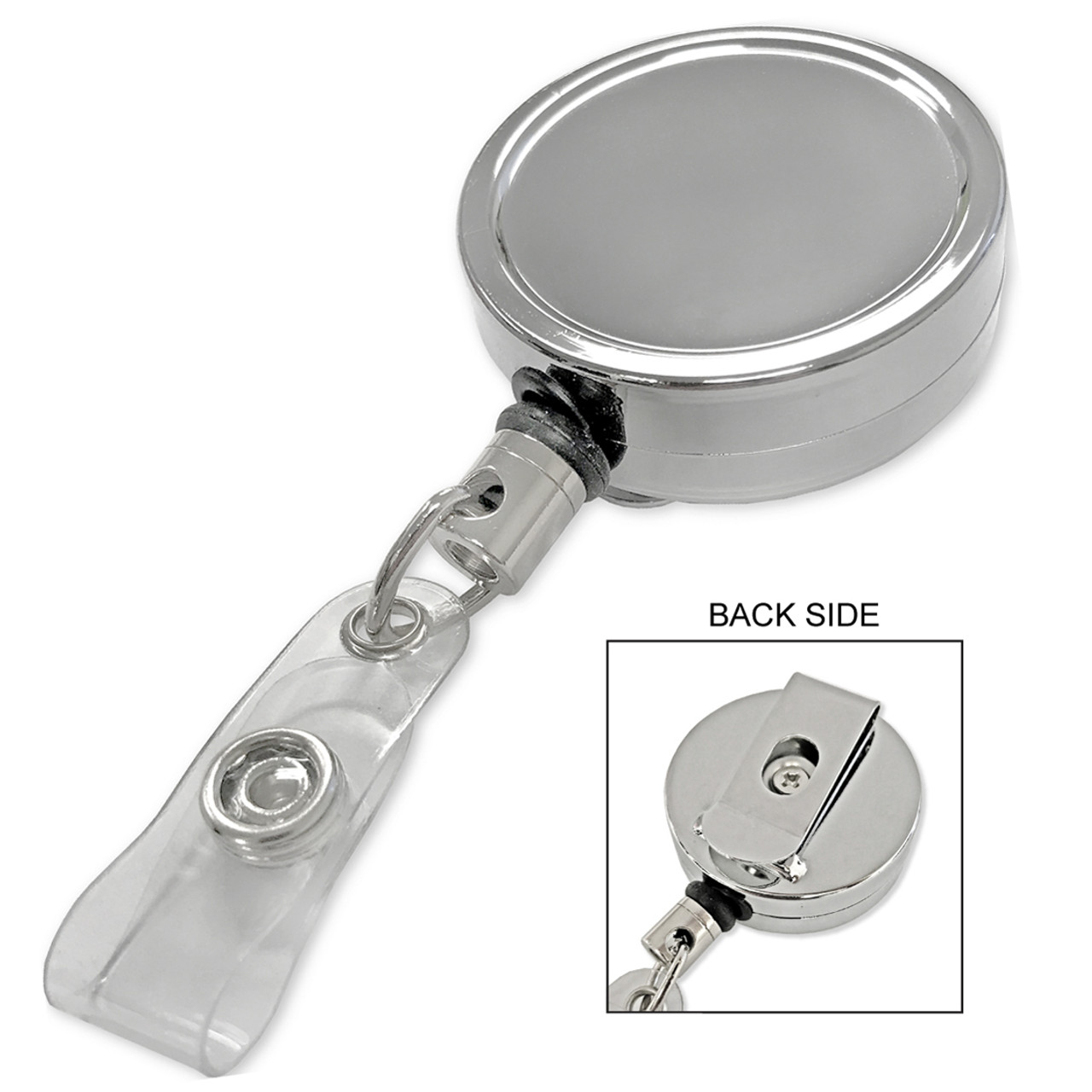 Jumbo Chrome Metal ID Badge Reel w/ Strap & Belt Clip - PLAIN