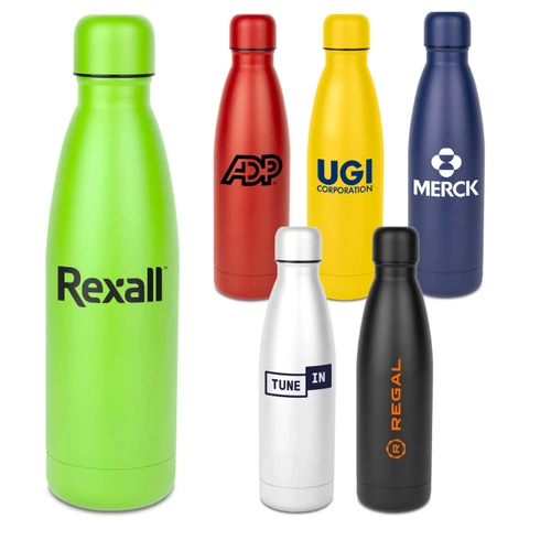 Branded water bottles in green, red, yellow, navy, white and black
