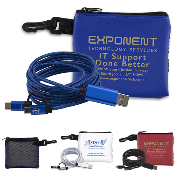 "TECHMESH WIRED" Mobile Tech Charging Cable Kit in Mesh Zipper Pack Components inserted into Zipper Kit