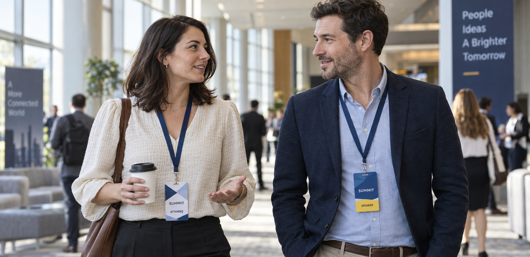 Conference attendee and speaker wearing lanyards with event credential cards
