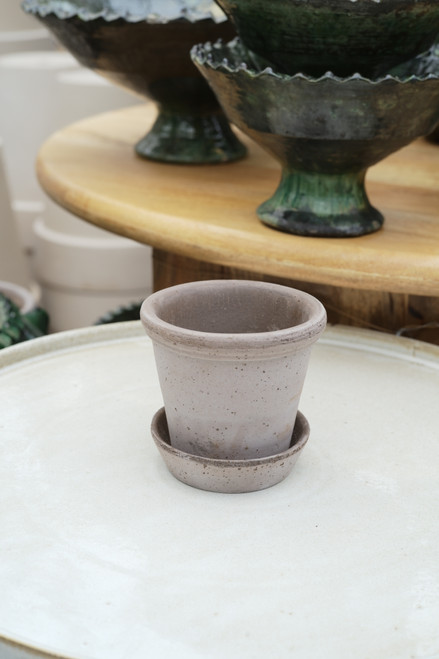 3.9" Flora Pot w/Saucer in Raw Grey