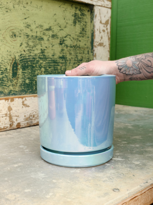 6.5" Iridescent Pot w/Saucer in Blue