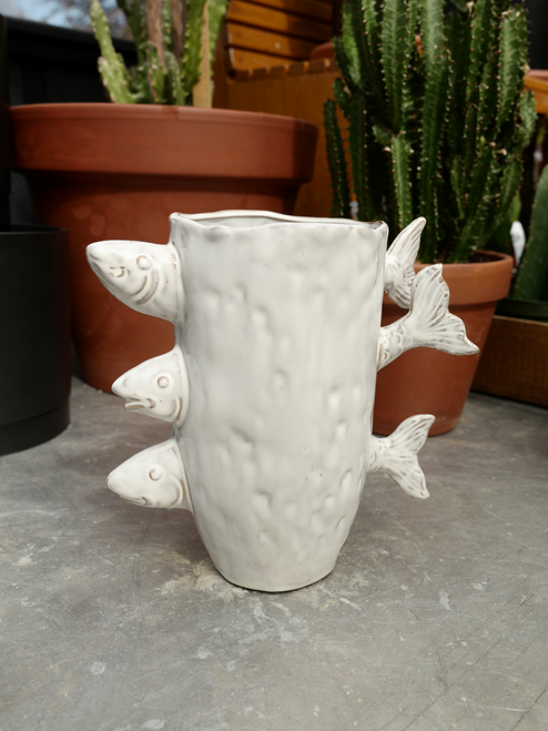 9" Three Fish Vase in White