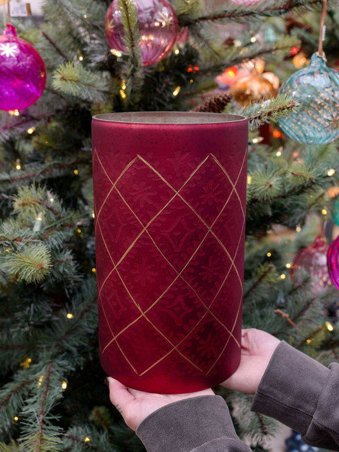 9.75" Etched Glass Votive in Burgundy