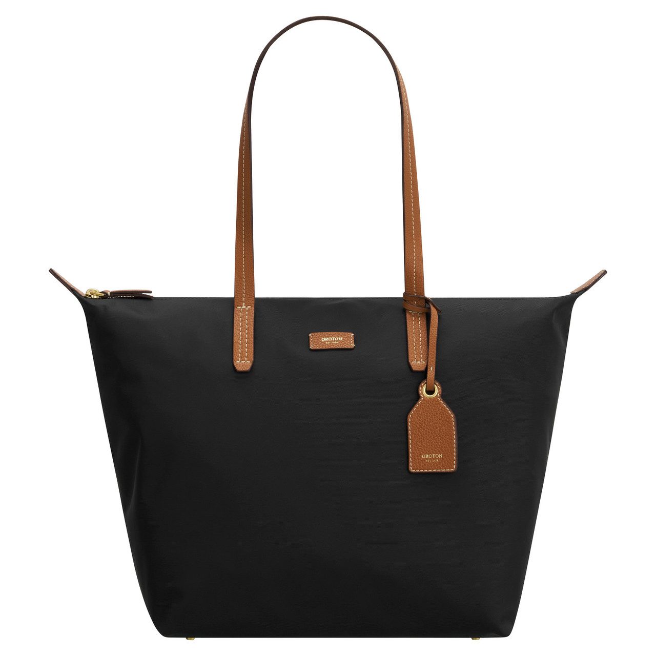LILLY NYLON LIGHT WEIGHT TOTE BAG - Black/Cognac | Oroton