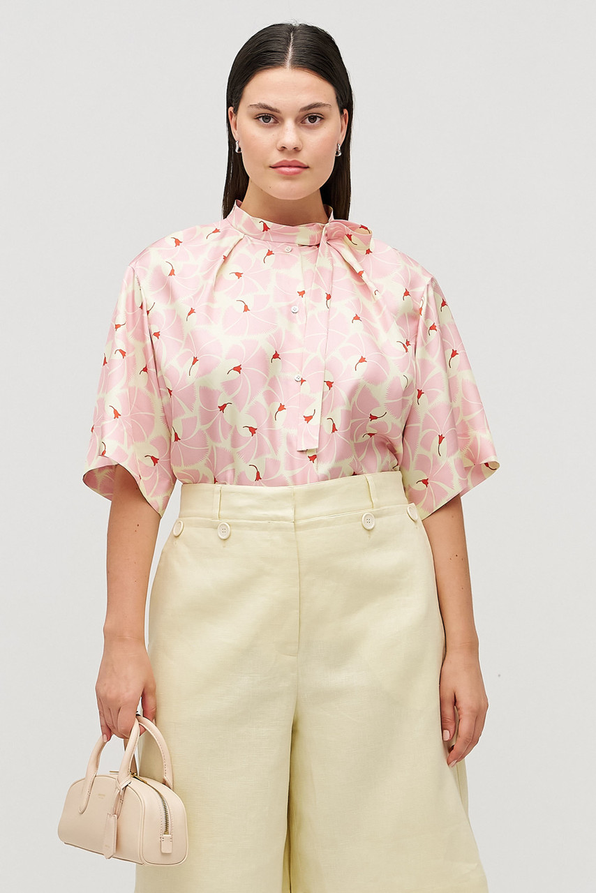 Fan Flower Tie Neck Blouse - Peony | Oroton
