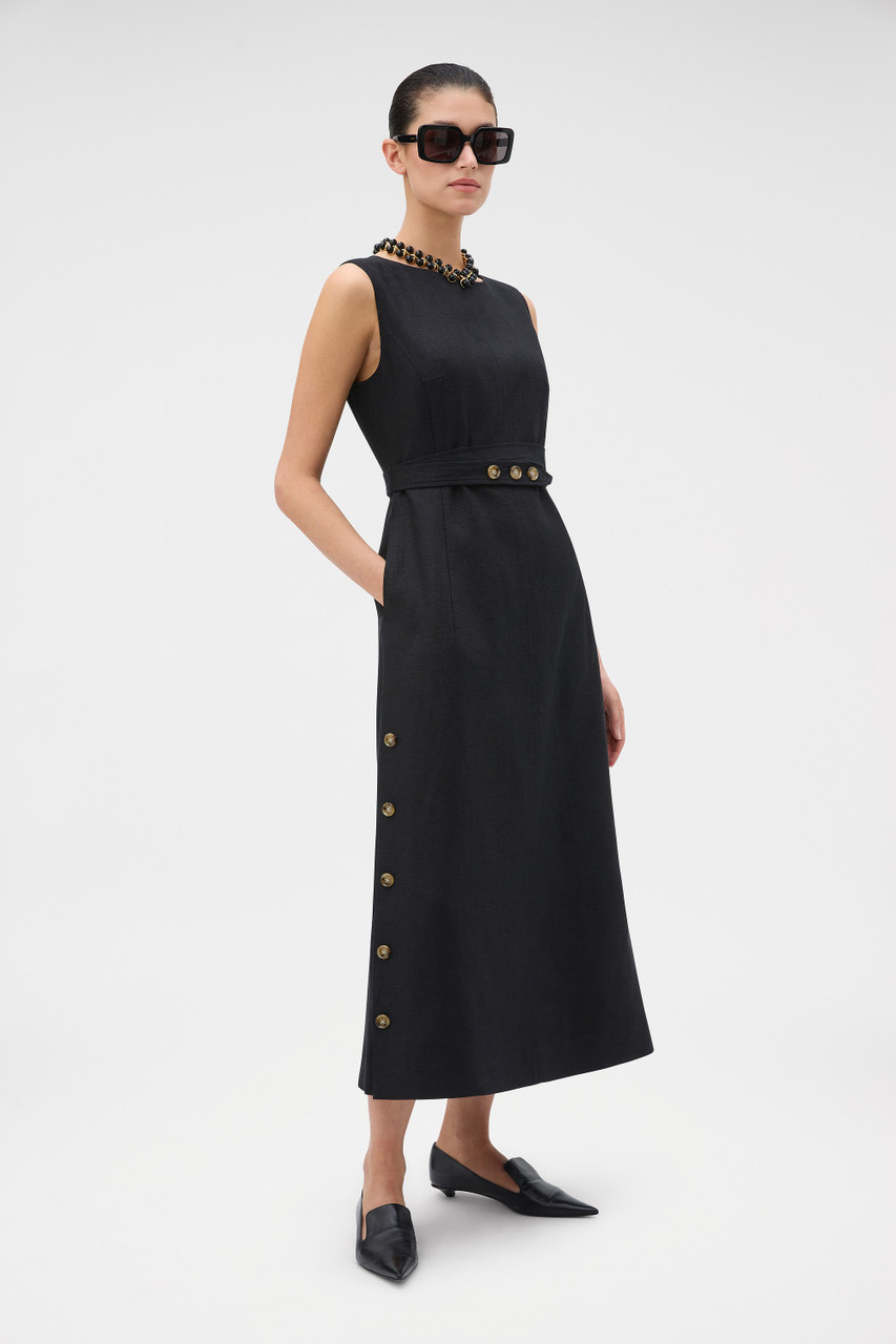 black dress with buttons on the side Side-Button Midi Dress - Dual Slit Midi Dress - Black Midi Dress