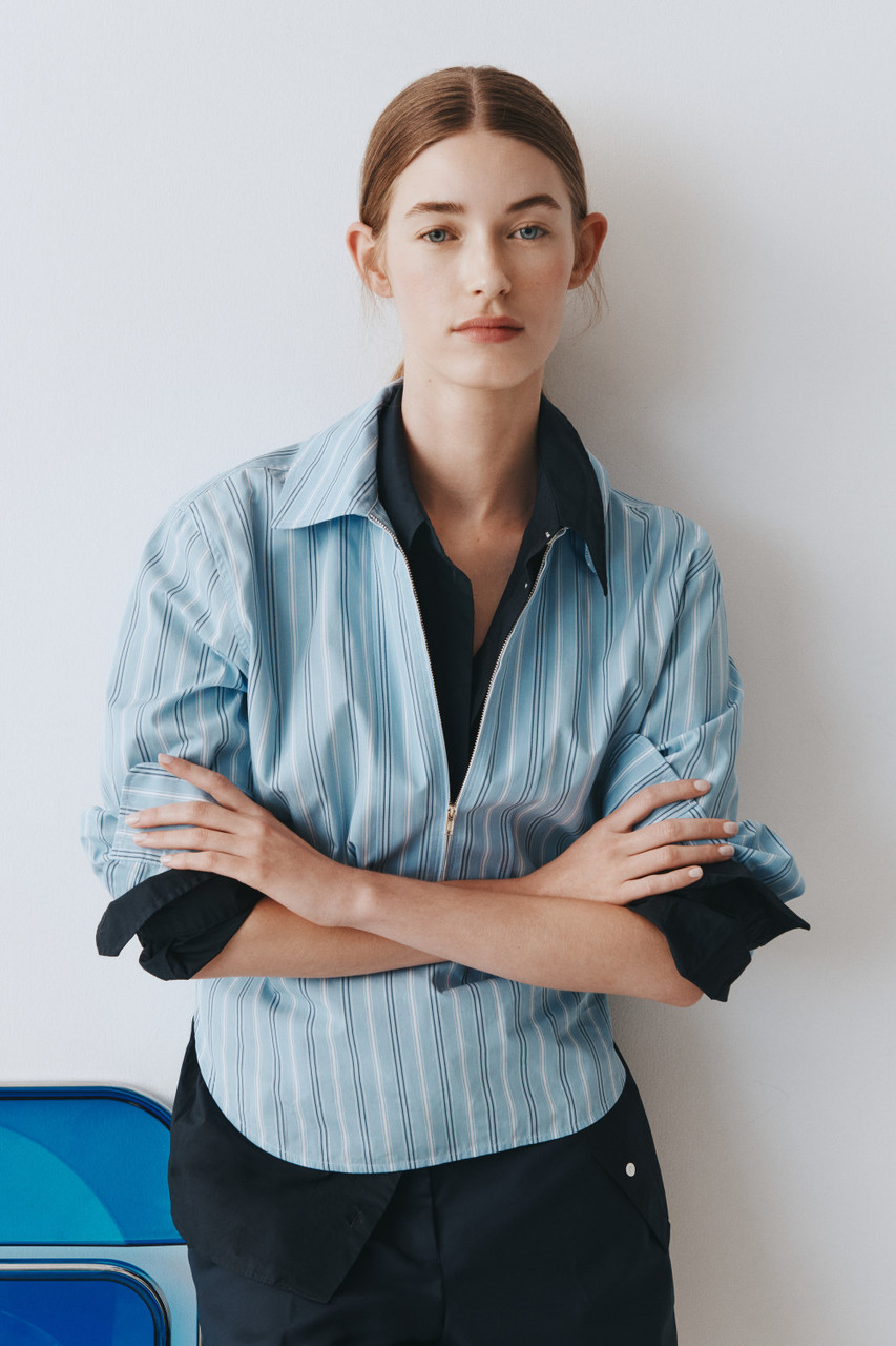 Yarn Dye Stripe Zip Shirt - French Blue | Oroton