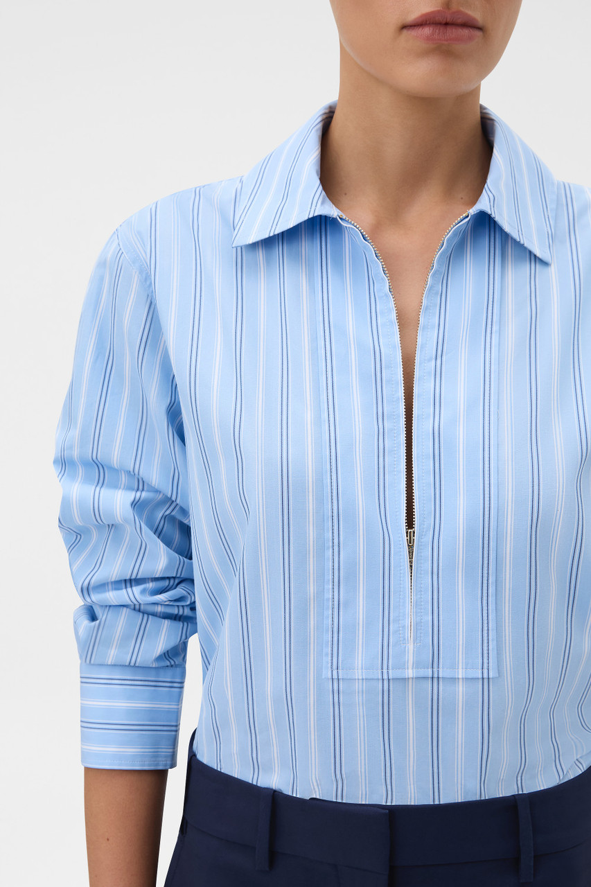 トップス STRIPED ZIPPER SHIRT Empyre Glen Black, White & Brown Stripe Short Sleeve Zip Shirt