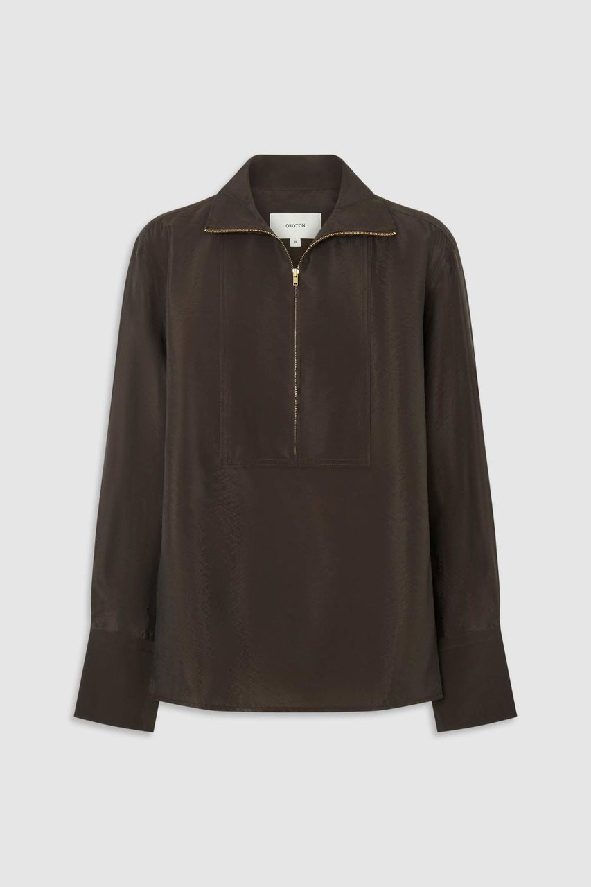 Half Placket Zip Shirt - Dark Chocolate | Oroton