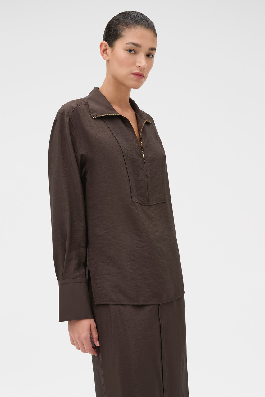 Half Placket Zip Shirt - Dark Chocolate | Oroton