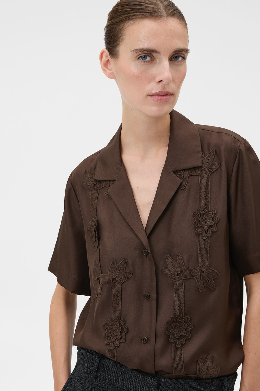 Ribbon Trim Camp Shirt - Dark Chocolate | Oroton