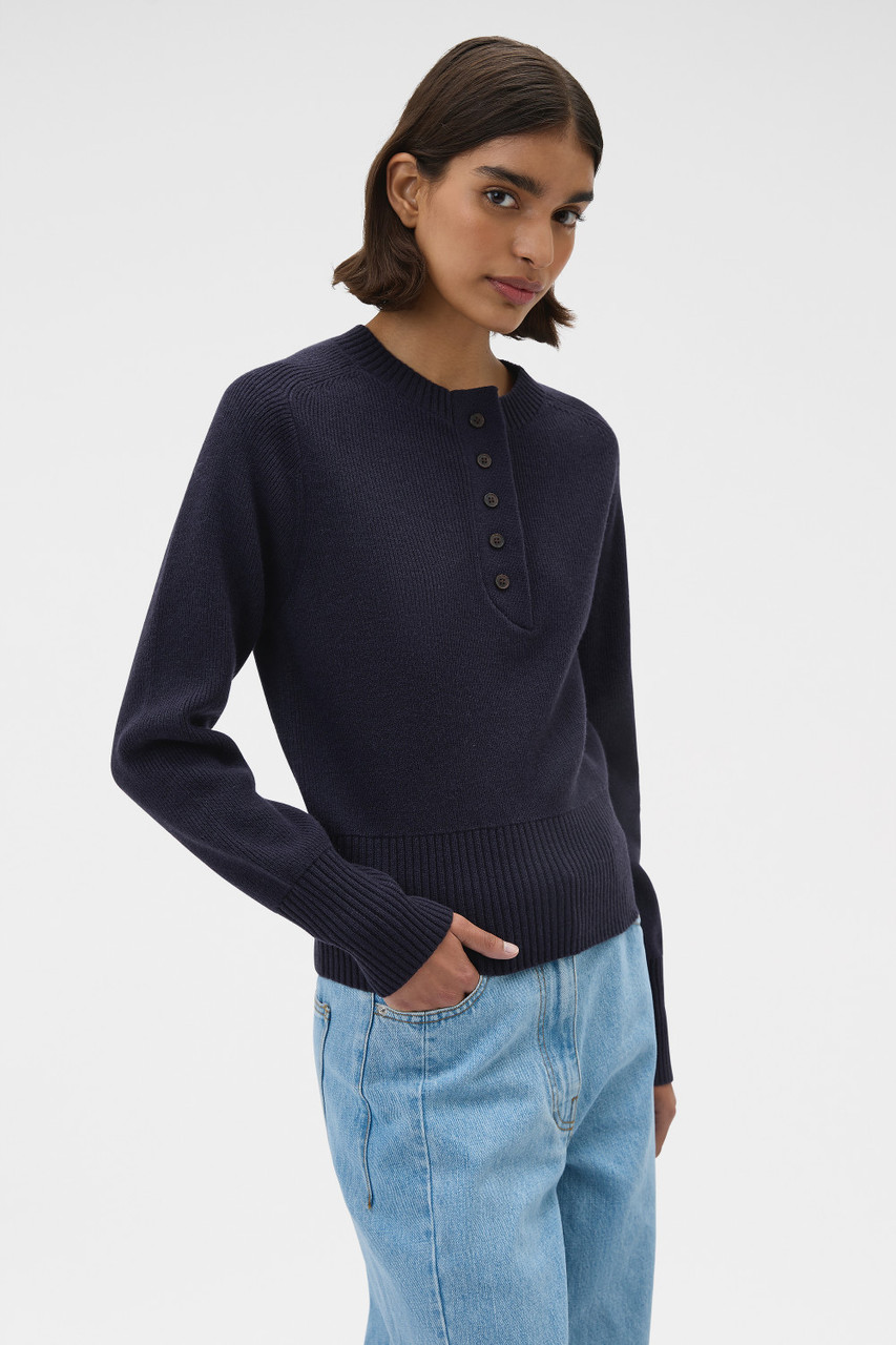 Rib Knit Henley - North Sea | Oroton