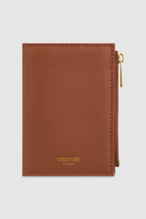 Front product shot of the Oroton Imogen Mini 10 Credit Card Zip Wallet in Brandy and Smooth Leather for Women .