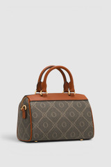 Back product shot of the Oroton Harvey Signature Mini Barrel Bag in Black/Cognac and Nylon canvas base cloth material with PVC coating (70% PVC, 30% polyester) for Women .
