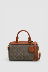 Front product shot of the Oroton Harvey Signature Mini Barrel Bag in Black/Cognac and Nylon canvas base cloth material with PVC coating (70% PVC, 30% polyester) for Women .