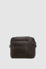 Front product shot of the Oroton Ethan Pebble A5 Zip Crossbody in Bitter Chocolate and Pebble Leather for Men .
