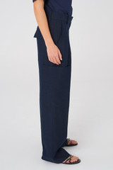 Profile view of model wearing the Oroton Cargo Pant in North Sea and 58% Viscose, 42% Linen for Women