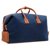 Back product shot of the Oroton Voyager Weekender in Yacht Blue/Brandy and Canvas and leather trims for 