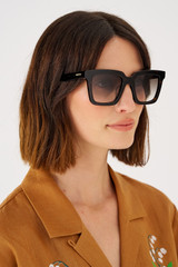 Profile view of model wearing the Oroton Easton Sunglasses in Signature Tort and Bio acetate (Biodegradeable) for Women .