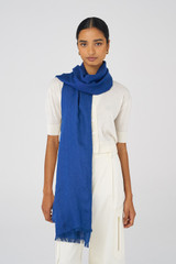 Profile view of model wearing the Oroton Anna Jacquard Wrap in Azure Blue and 72% modal, 28% silk for Women