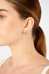 Profile view of model wearing the Oroton Sphere Double Hoop in 18K Gold/Silver and Sustainably sourced 925 Sterling Silver for Women .