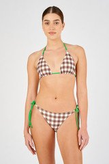 Profile view of model wearing the Oroton Gingham Bikini Top in Chocolate and 78% polyamide, 22% elastane for Women