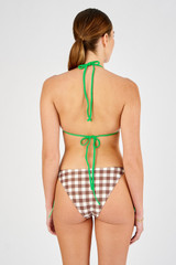 Profile view of model wearing the Oroton Gingham Bikini Top in Chocolate and 78% polyamide, 22% elastane for Women