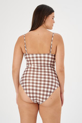 Profile view of model wearing the Oroton Gingham Print Bandeau One Piece in Chocolate and 78% polyamide, 22% elastane for Women